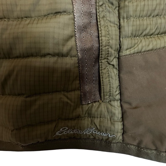EDDIE BAUER Olive Green Brown StormDown 700 Quilted Vest Size Large Petite - Picture 13 of 16